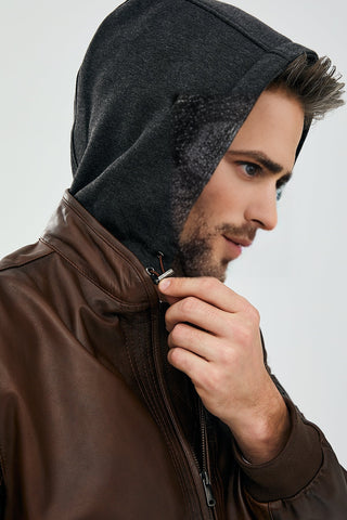 Garry Men's Cognac Hooded Leather Coat