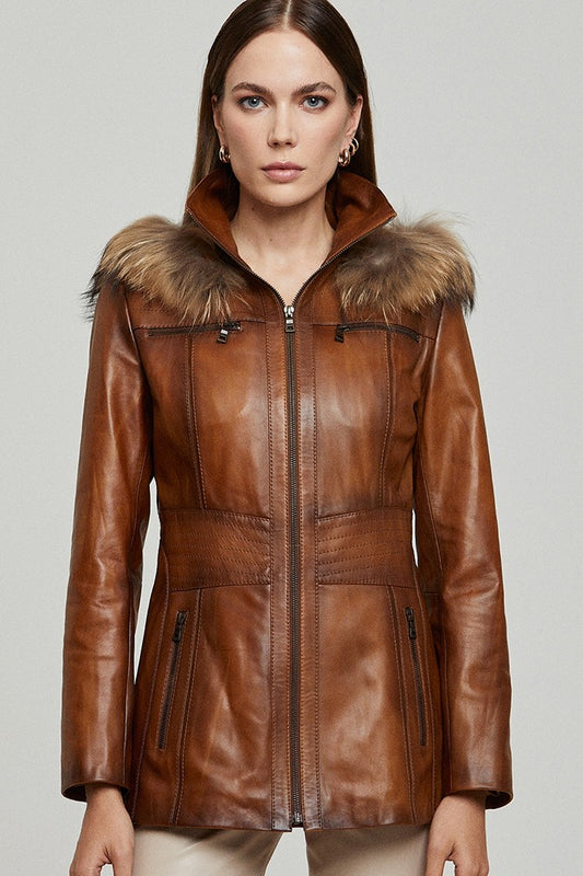 Barbara Waxed Brown Hooded Leather Coat for Women