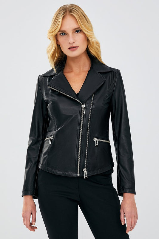 Helena Black Sheepskin Biker Leather Jacket