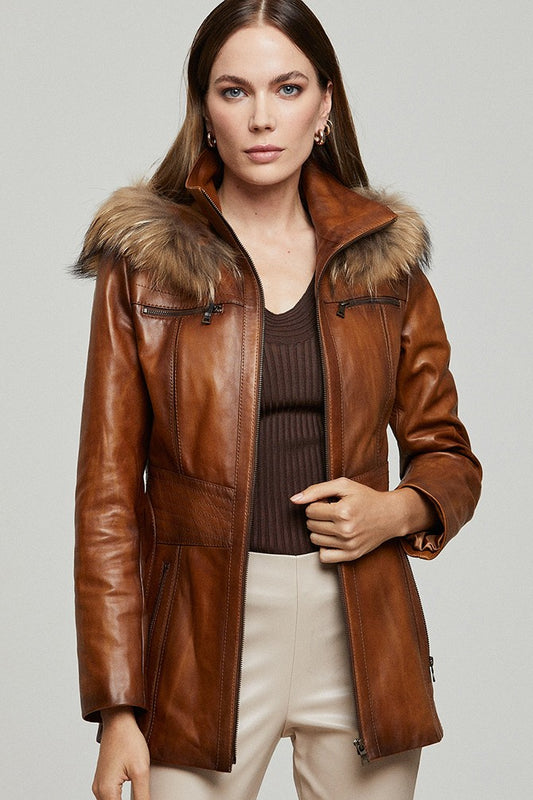  Hooded Leather Coat for Women