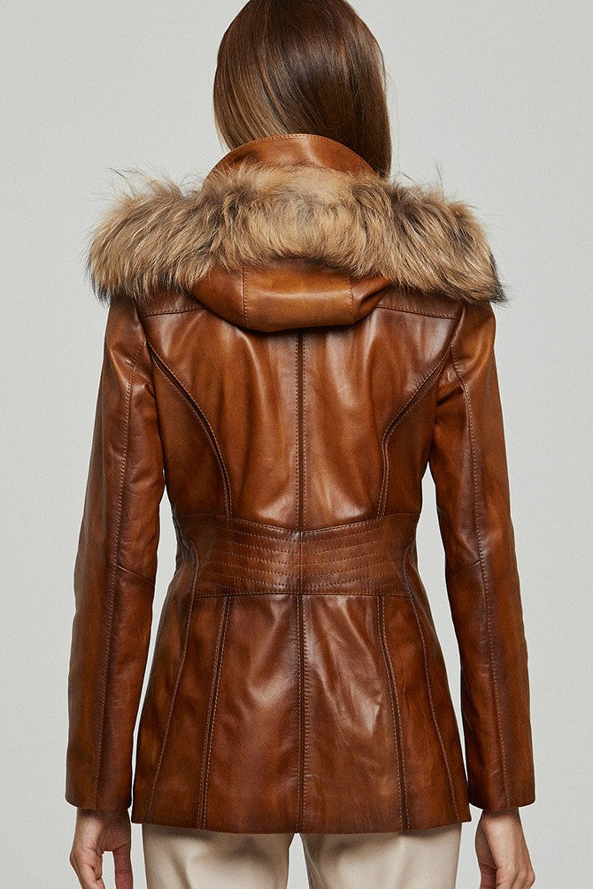 Brown Hooded Leather Coat for Women