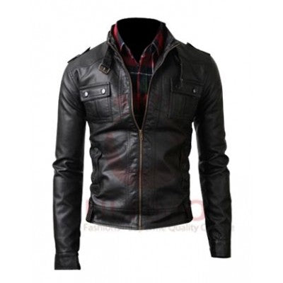 Strap Pocket Slim-fit Black Leather Jacket