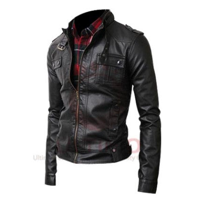Black Strap Pocket Leather Jacket