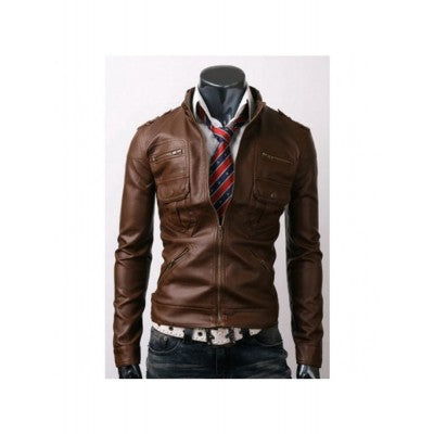 Brown Leather Jacket with Zip Pocket 