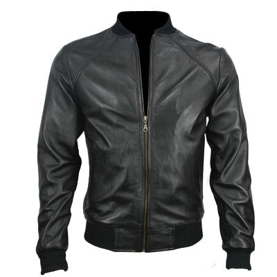 Stylish Men's Baseball Black Genuine Leather Jacket
