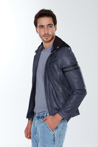 Towns Men's Blue Hooded Slim-Fit Sports Leather Jacket