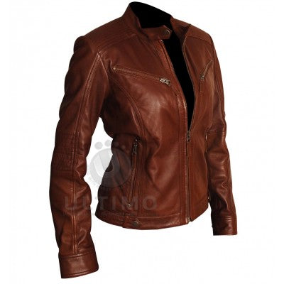 Slim Fit Women Body Fitted Brown Leather Jacket