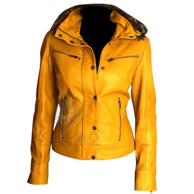 Women's Yellow Leather Biker Jacket With Hood