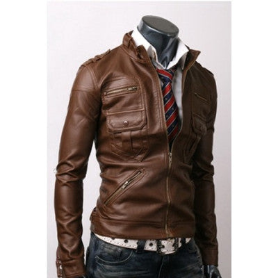 Slim Fit Brown Leather Jacket with Zip Pocket 