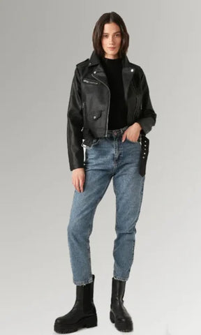 Women's Black Lapel Collar Motorcycle Jacket Leather