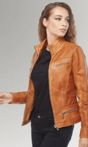 Women's Brown Sports Leather Jacket