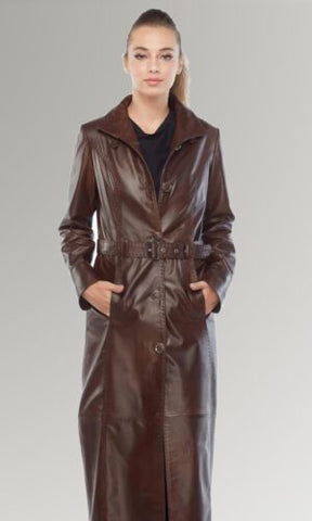 Women's Classic Brown Leather Trench Belted Coat
