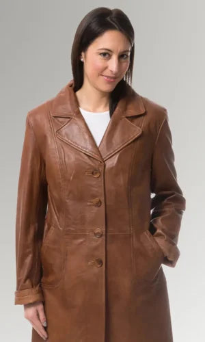Women's Brown Full Length Vintage Trench Leather Coat