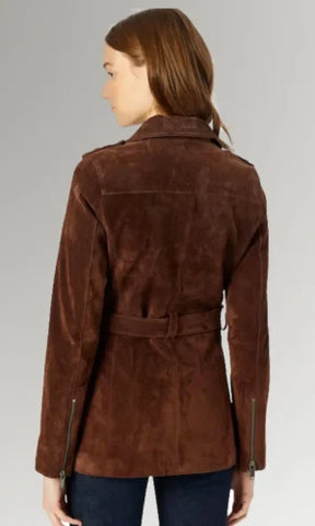 women's Brown Suede Belted Leather Coat