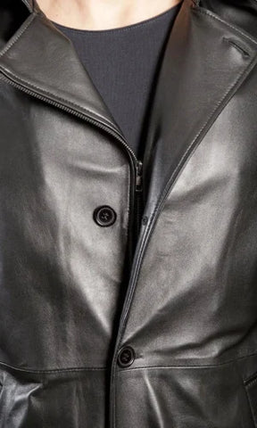 Black Long Brando Style Collar Leather Coat