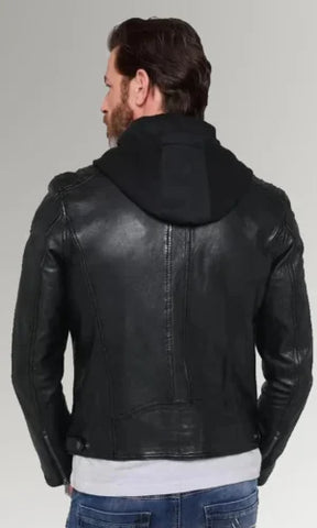 Men's Black Leather Hooded Jacket