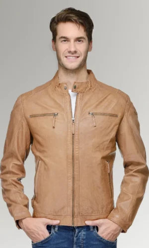 Men's Brown Waxed Leather Slim Fit Biker Jacket