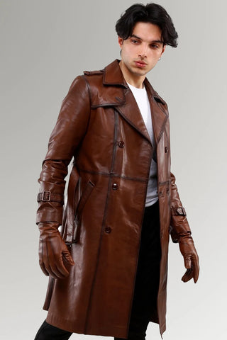 Brown Genuine Belted Leather Blazer Trench Coat