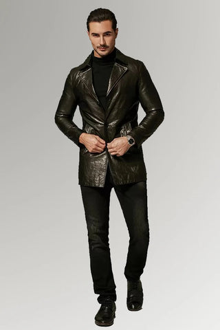 Men's Black Blazer Buttoned Leather Coat