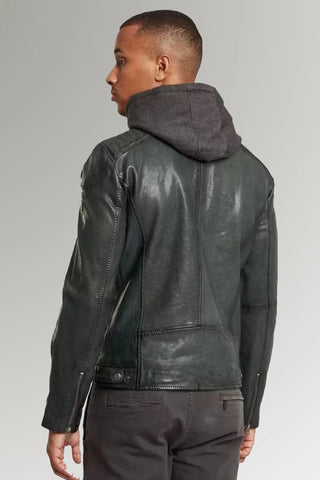 Men's Black Motor Biker Hooded Leather Jacket