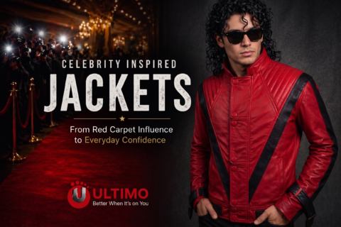Celebrity inspired red leather jacket for men with black stripes on red carpet background premium fashion banner