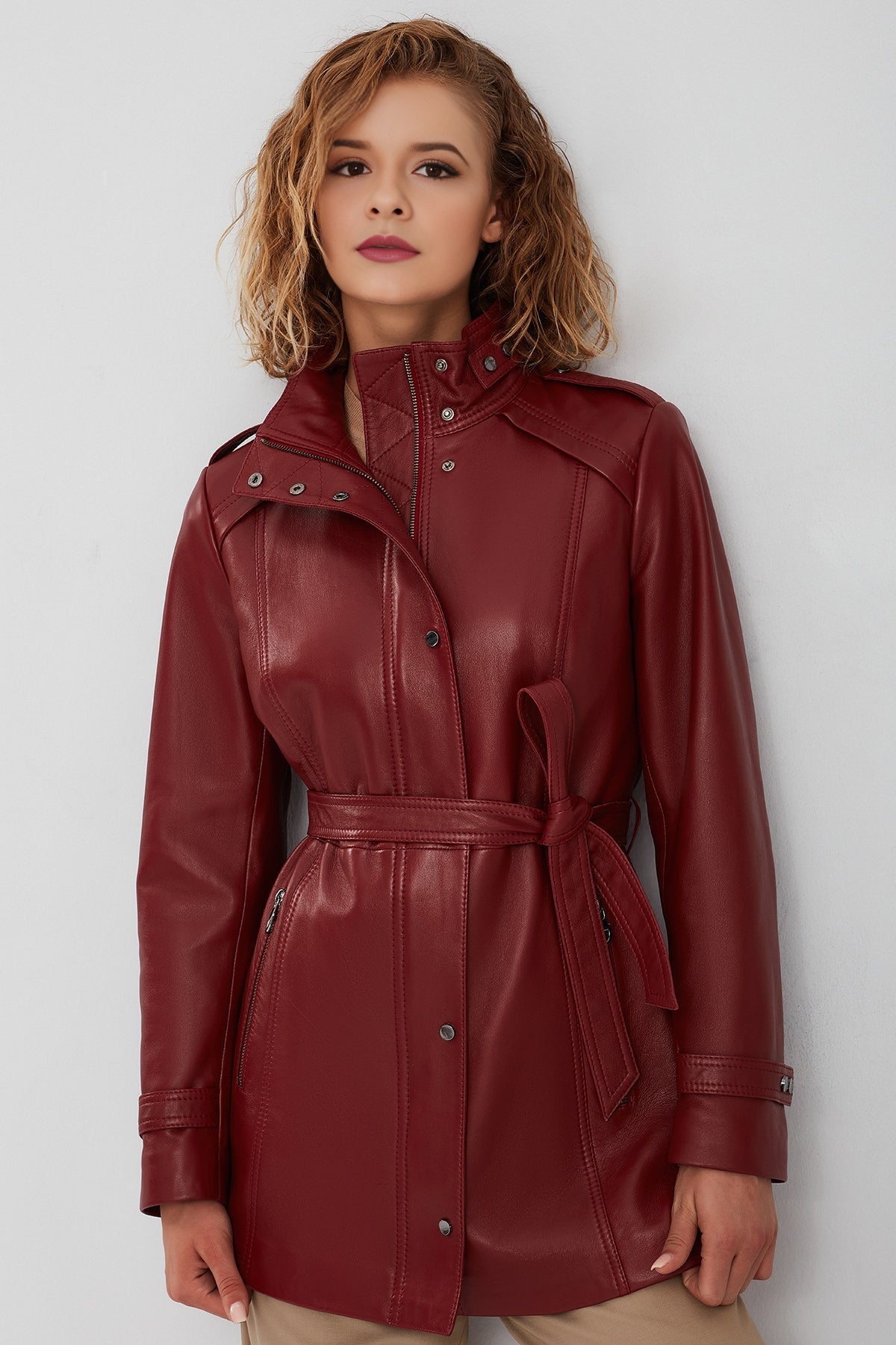 Ruby Women's Claret Red Long Leather Coat