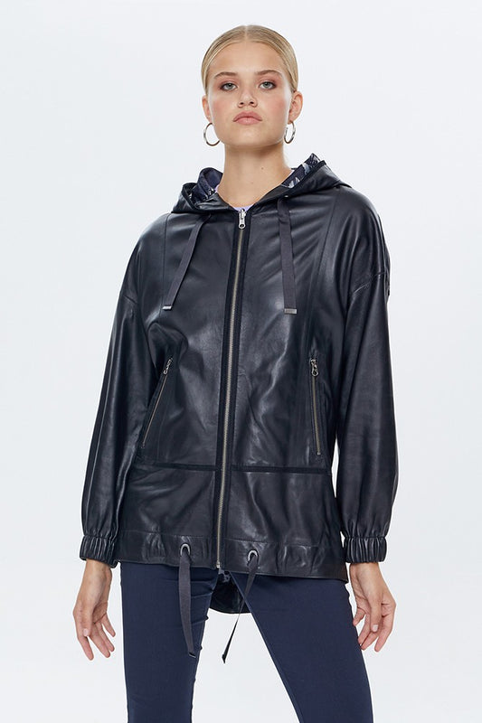 Liana Full Length Fashionable Black Sheepskin Leather Jacket