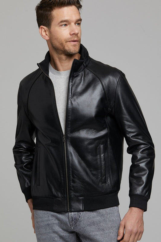 Bolton black Leather Bomber Jacket for Men