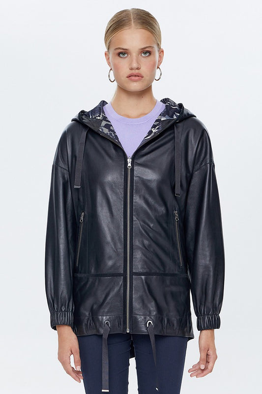 Liana Full Length Fashionable Black Sheepskin Leather Jacket