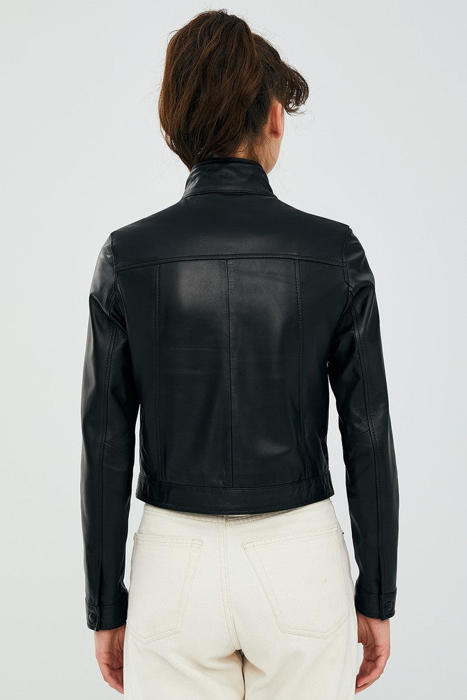 Jill Black Sheepskin Casual Leather Jacket for Women