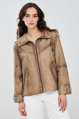 Darlen Women's Beige Oversize Hooded Leather Jacket