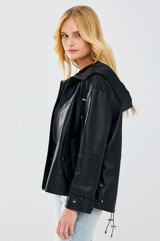 Martha Hooded Casual Black Leather Jacket for Women
