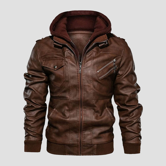 Men's Leather Bomber Jacket with Hood and 6-Pocket Design