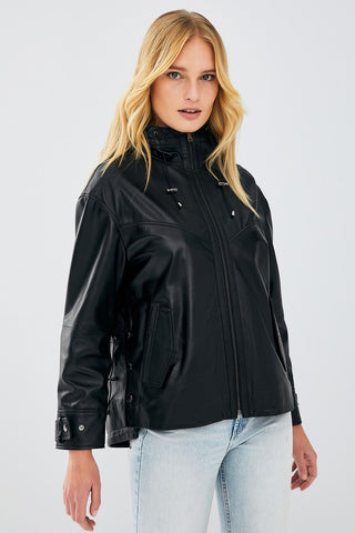 Martha Hooded Casual Black Leather Jacket for Women
