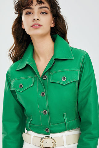 Mona Women's Green Short Leather Jacket