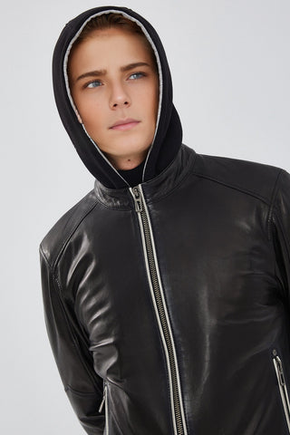 Tatum Men's Black Hooded Sports Leather Jacket