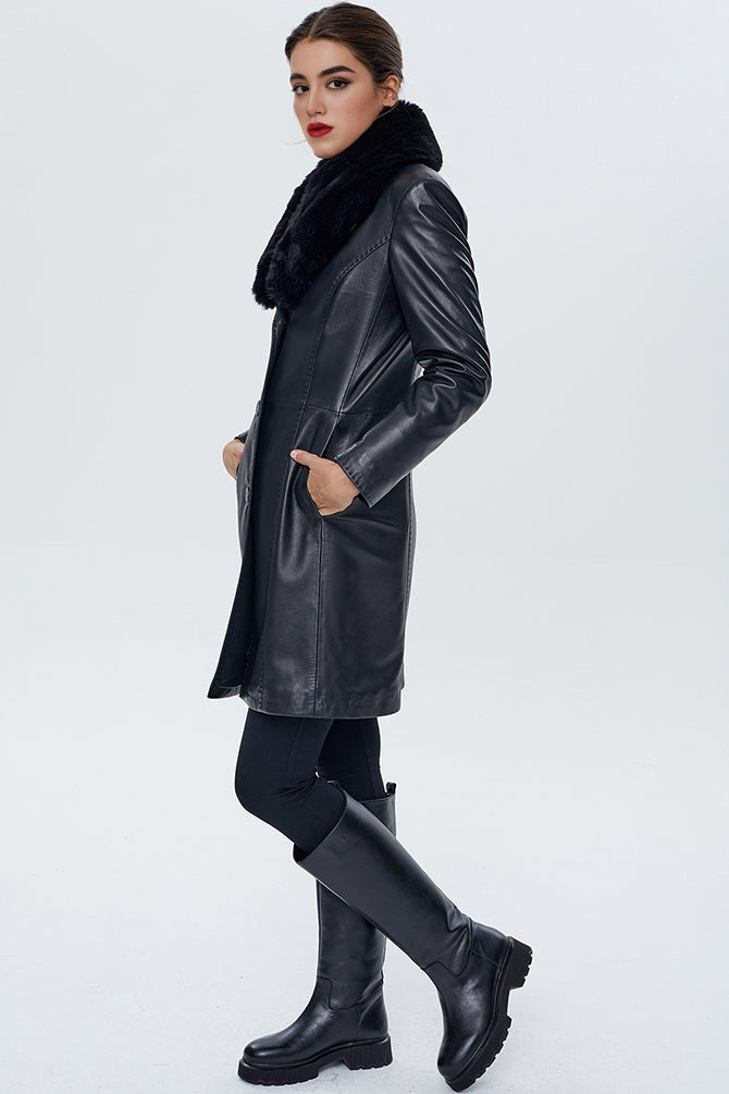 Christina Women's Black Fur Leather Coat