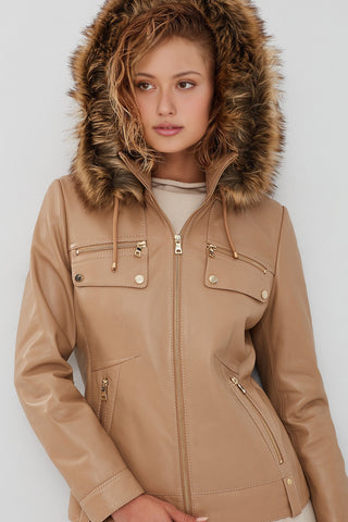 Monica Women's Beige Hooded Leather Coat with Fur Collar