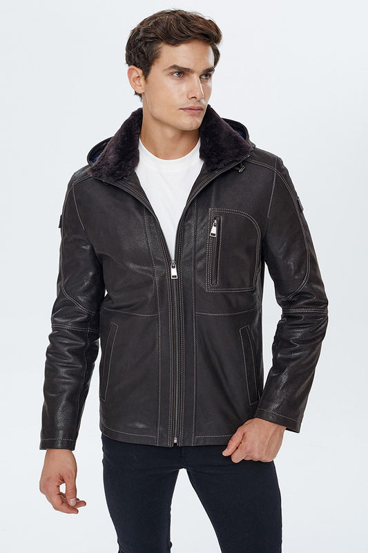 Black Leather Jacket with Hood