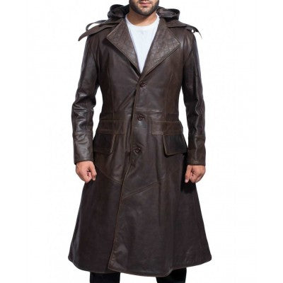 Hooded Brown Leather Trench Coat