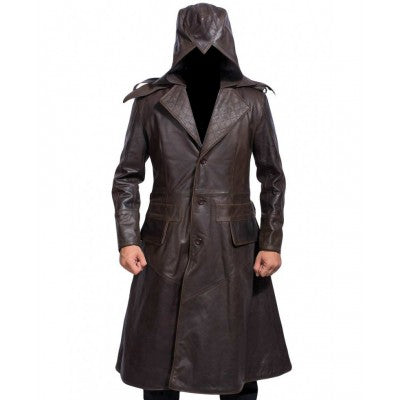 Hooded Brown Leather Trench Coat