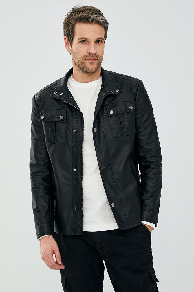 Chris Casual Black Leather Blouson Jacket for Men