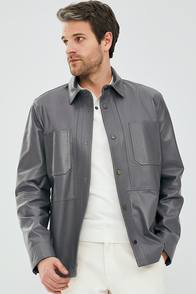 Shirt Style Leather Blouson Jacket