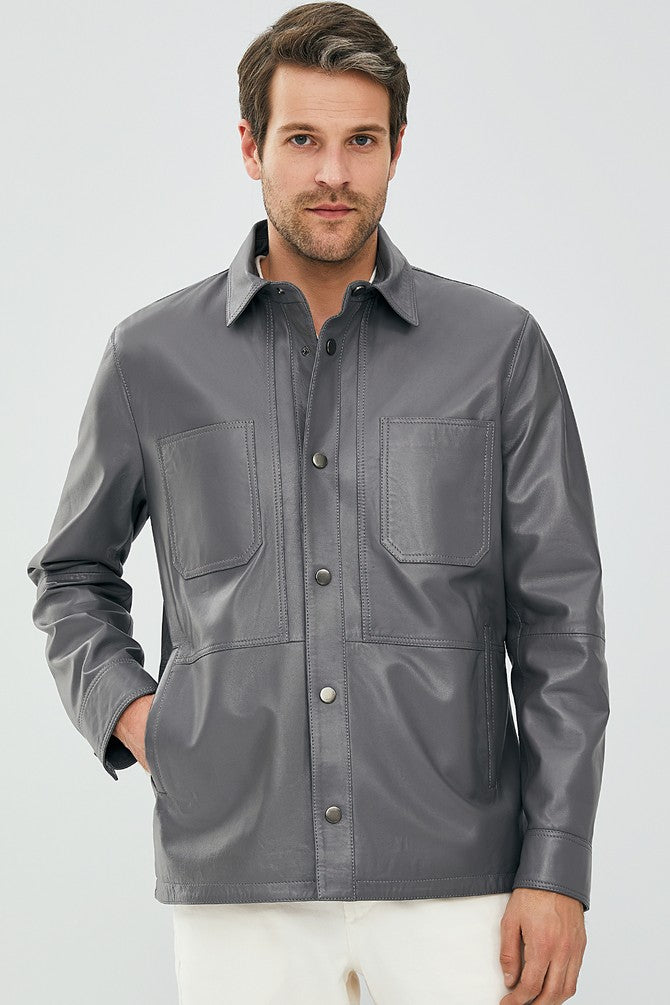 Darren Grey Shirt Style Leather Blouson Jacket