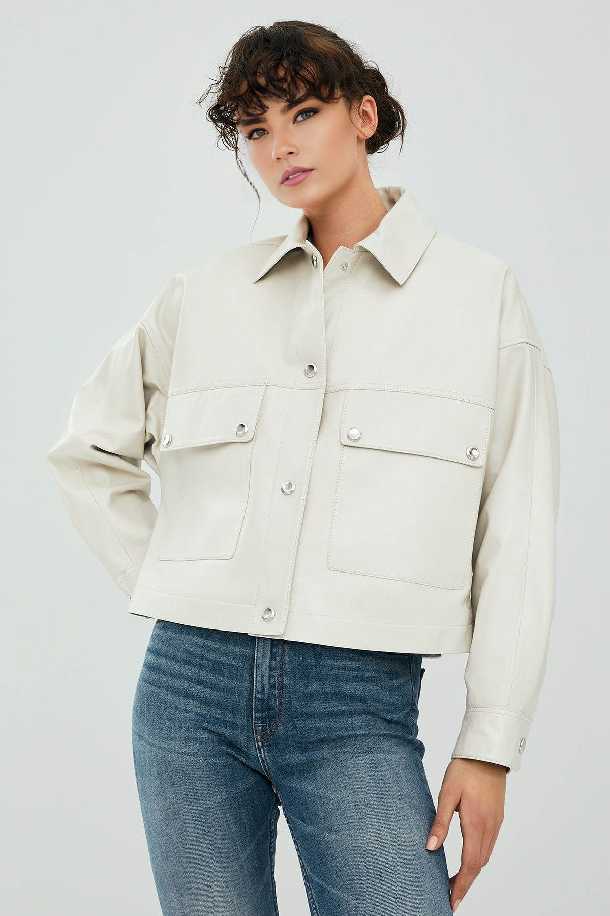 Dora Women's Ecru Oversize Short Leather Jacket
