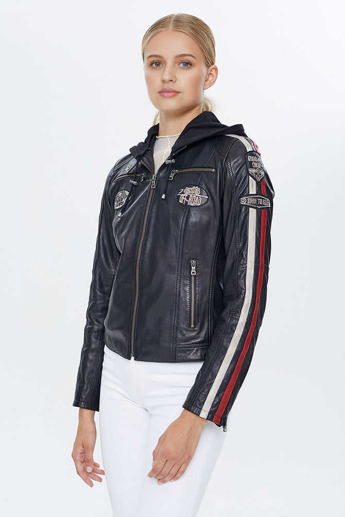 Ladyracer Women's Black Hooded Leather Jacket