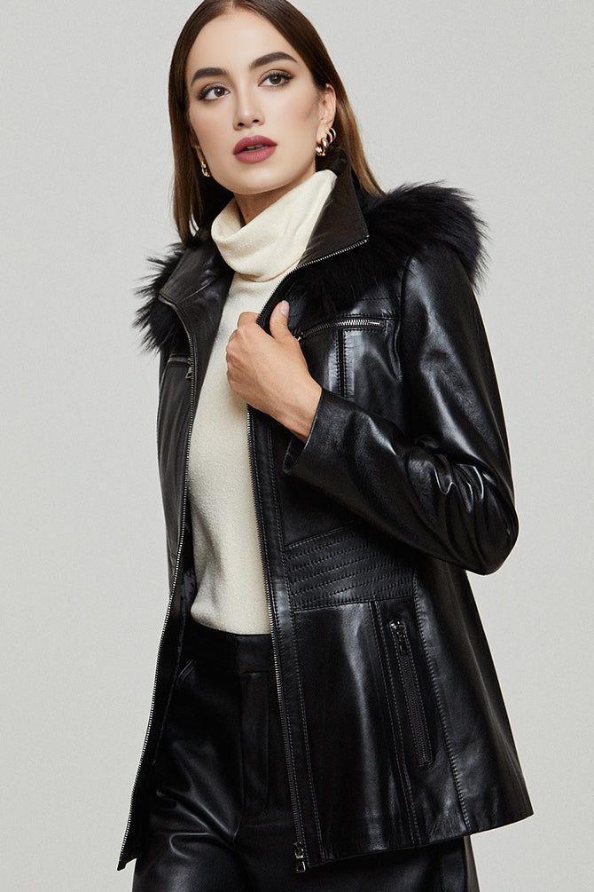 Rachel Women's Black Hooded Fur Leather Coat