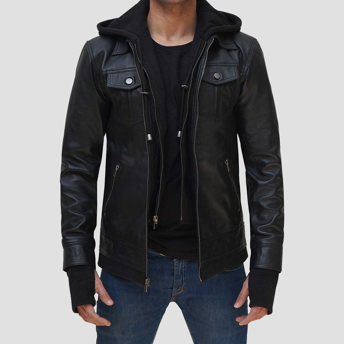 Apollo Bomber Black Leather Jacket with Hood