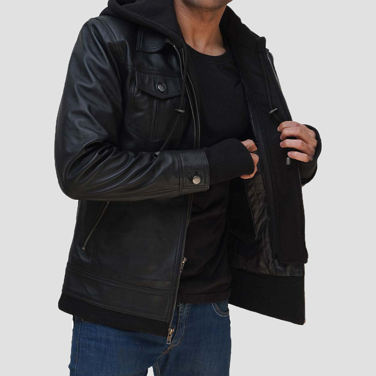 Leather Bomber jacket with Hood