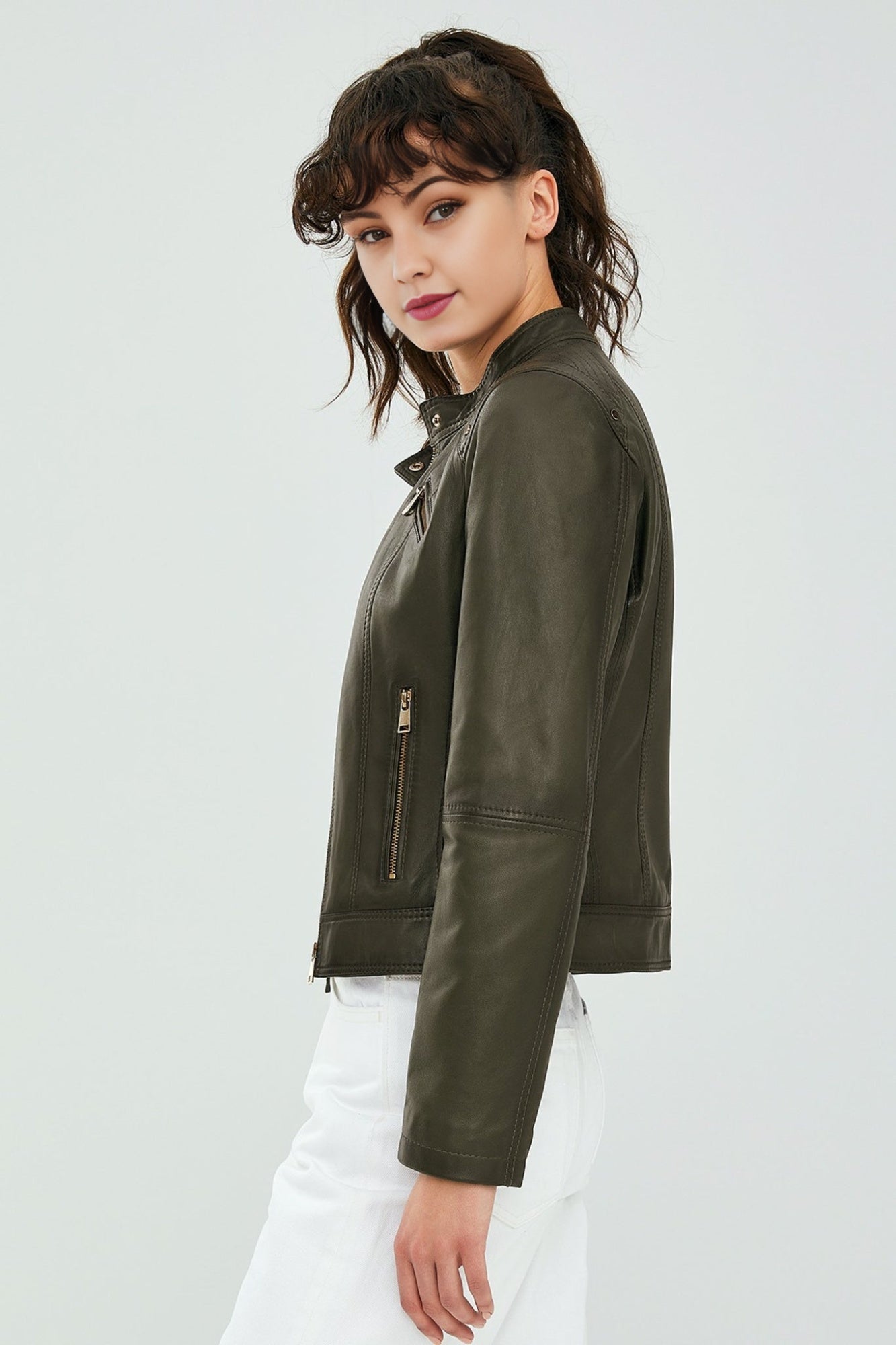 Sonia Women's Khaki Leather Jacket